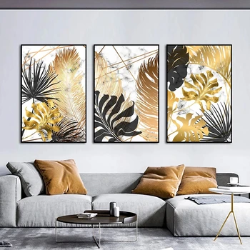 3tk Komplekt Abstraktne Kuldne Jätab Maali Trükitud Lõuendile Kaasaegne Plakatid Ja Pildid Seina Art Pilt elutuba Home Decor