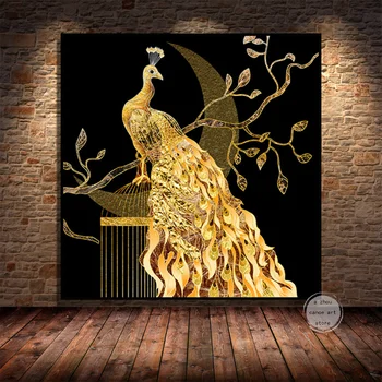 Luksus Stiilis Loomade Kuldne Golden Peacock Feather Art Canvas Poster Seina Maali Prindib Pildi Elutuba Home Decor Cuadros