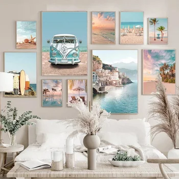 Põhjamaade Beach Maastikumaal Lainelaua, Telkimine Meritäht Pilte Palm Tree Auto Plakat Kodu Elutoas Diivan Seina Kaunistamiseks
