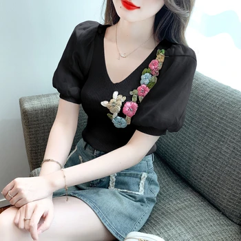 Lille Tikitud Kampsun Tshirt Naiste Puhvis Varrukad Koo Pullover Tops Femme Korea Fashion Lühike Kudumid Basic T-Särgid 2023