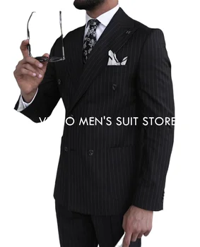 Hingav Kerge Äri Ülikonnad, Custom Made/Meeste Ülikonnad, Mis On Spetsiaalselt Valmistatud Ja Musta Triibuline, Isane Slim Ametliku Pulm Set/Pintsak+Püksid