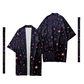 Jaapani Meeste Pikk Kimono Jakk Samurai Kostüüm Kimono Kuu Star Muster Prindi Kimono Särk Yukata