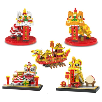 Lõvi Tants Micro Ehitusplokid Hiina Traditsioonilise Kultuuri Dragon Boat Koi Kala Mini Telliskivi Joonis Mänguasjad Lastele Kingitused