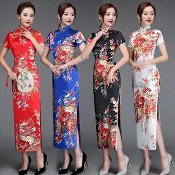 Vana Shanghai Elegantne Naiste Satiin Qipao Slim 3/4 Varrukas Pikk Kleit Uus Traditsioonilise Hiina Mandariini Krae Cheongsam Vestidos