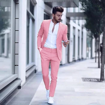 2023 Casual Fashion Luksuslik Äri Meeste Ülikond Pulmapidu Tuxedos Slim Fit Tipp Rinnamikrofon Roosa Sobib Mees(Jope+Püksid)