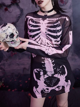 Naiste äge s Halloween Kaua Silma Topid Pikad Varrukad Crewneck Mood Skull Print Gooti T-särk