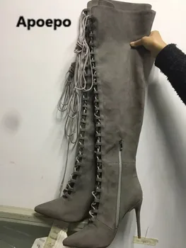 Müüa brändi 2022 hall erisoodustuse naiste saapad seksikas pikad varba daamid saapad mood kõrged kontsad üle põlve saapad naiste kingad