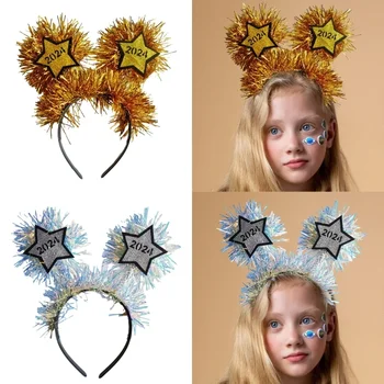 2024 Uus Aasta Täiskasvanud Teismelised Kard Peapael Star Pompoms Juuksed Hoop Karnevalid Pool Headpiece Jõulupidu Cosplay Rekvisiitide