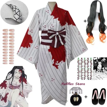 Anime Kamado Nezuko Cosplay Kostüüm Parukas Puukingad Valge Vere Plekk Kimono Hallowen Karneval Ühtne Ülikond