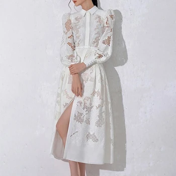 2024 Uus Naiste Kleit Valge Pits Tikand Mood Kleit Seista Krae Pikk Varrukas Kõrge Vöökoht Ühe Karavan Elegantne Kleit