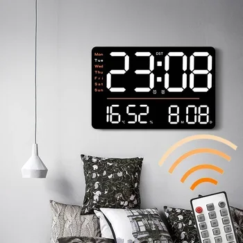 LED Suur Digital Wall Clock puldiga Temperatuur Kuupäev Nädalal Ekraan Reguleeritav Heledus Kaasaegne elutuba Häired Kellad