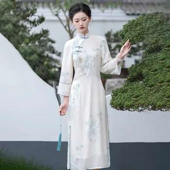 2023 Paranenud Vintage Cheongsam Kleit Uus Hiina Stiilis Lilleline Elegantne Kostüüm Naiste Pikk Varrukas Kleidid Traditsiooniline Qipao
