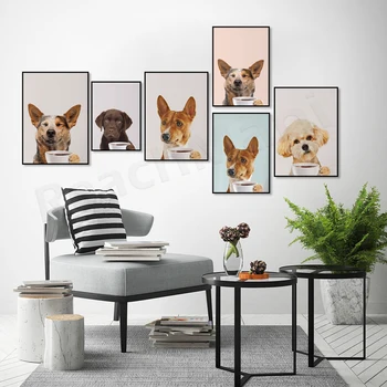 lemmiklooma portree, lemmiklooma foto, pet juua kohvi, koera pilt kohvi plakat maali galerii seina maali kunst