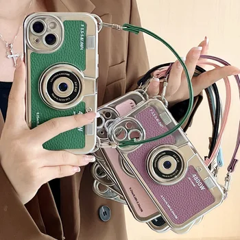 Jaapan korea 3D Luksus Kaamera + Randmepael Paar Kingitus Case for Iphone 15 13 14 Pro Max 12 13 Max Nahk Muster Kaitsta Kate