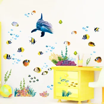 Cartoon coral blue whale mull seina kleebis merevetikad maailma kleebis laste toas seina kaunistamiseks vannituba teenetemärgi seinamaaling 