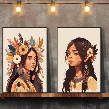 Värvikas Boho India Tribal Tüdruk Portree koos Suled, Lilled, Kunst, Plakat Pildid Lõuendile Maali Tuba Home Decor Seina Pilt