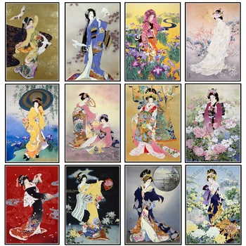 Jaapani Geisha Anime Plakat Elegantne Naine Joonis Maali Lõuend Trükib Jaapani Traditsiooniline Kostüüm Pilt Kodus Seina Decor